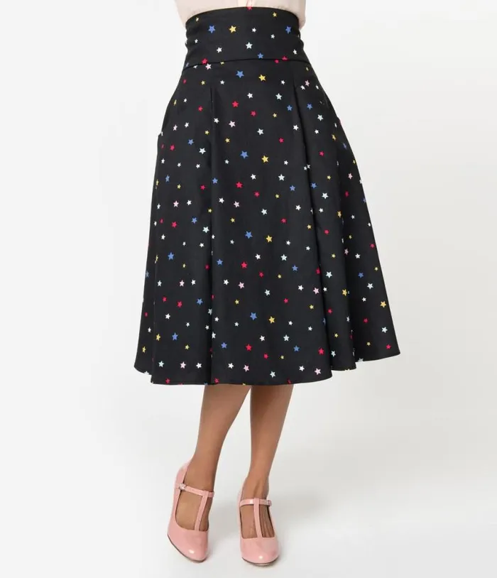Collectif 1950s Black and Multicolor Stars Alexa Suspender Swing Skirt Clothing Unique Vintage Skirts