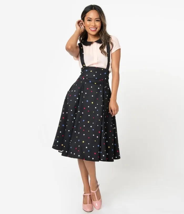 Collectif 1950s Black and Multicolor Stars Alexa Suspender Swing Skirt Clothing Unique Vintage Skirts