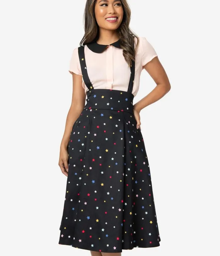Collectif 1950s Black and Multicolor Stars Alexa Suspender Swing Skirt Clothing Unique Vintage Skirts