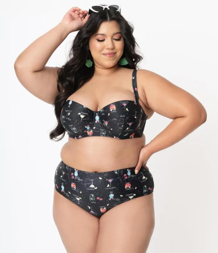 Collectif Plus Size Black and Cocktail Menu Print Swim Bottom Plus Unique Vintage Two Piece Swim Collectif Plus Size Black and Cocktail Menu Print Swim Bottom Plus Unique Vintage Two Piece Swim
