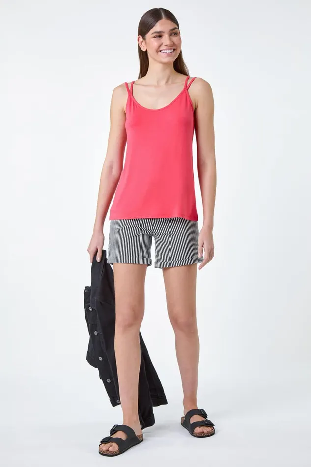 Coral Plain Double Strap VNeck Stretch Vest Top Women Roman Tops
