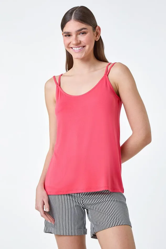 Coral Plain Double Strap VNeck Stretch Vest Top Women Roman Tops