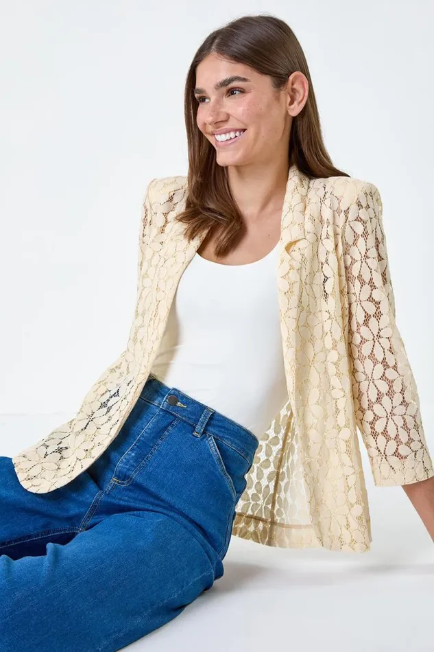 Cream 34 Sleeve Floral Lace Blazer Jacket Women Roman Jackets
