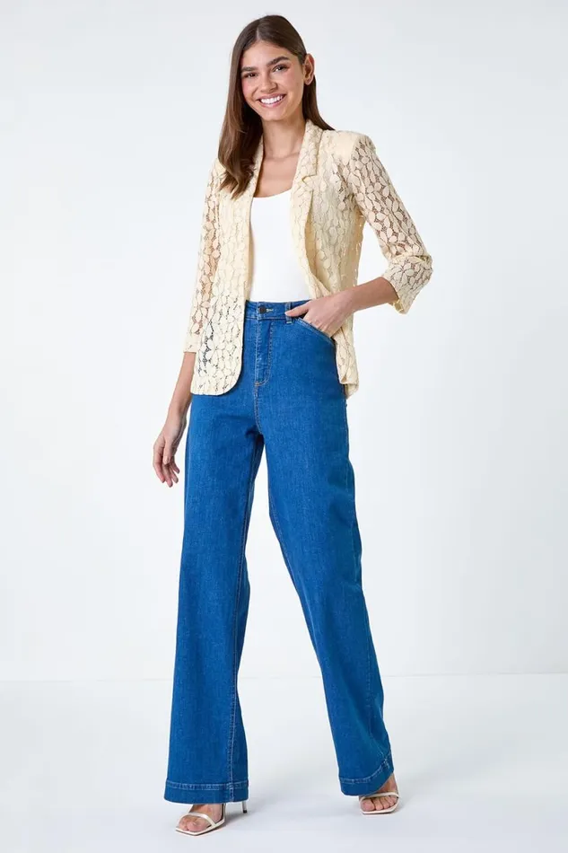 Cream 34 Sleeve Floral Lace Blazer Jacket Women Roman Jackets