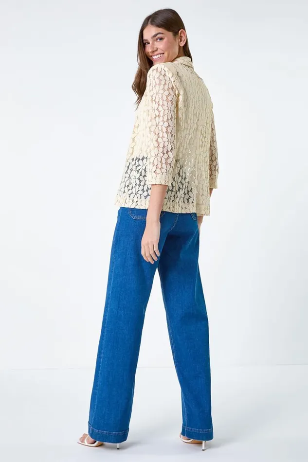 Cream 34 Sleeve Floral Lace Blazer Jacket Women Roman Jackets