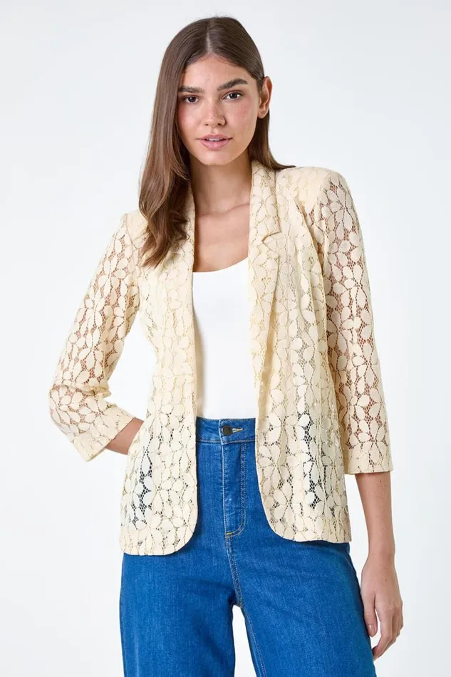 Cream 34 Sleeve Floral Lace Blazer Jacket Women Roman Jackets