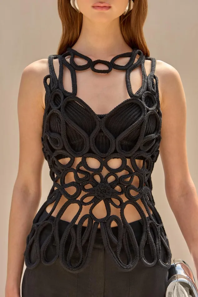 Cult Gaia Danica Crochet Top Black Women Knits