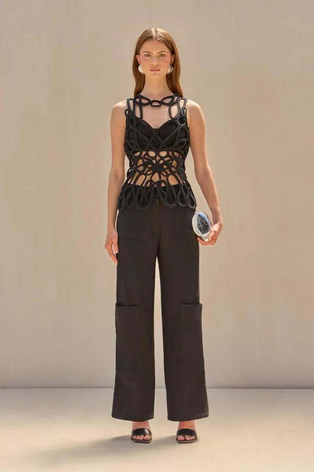 Cult Gaia Danica Crochet Top Black Women Knits