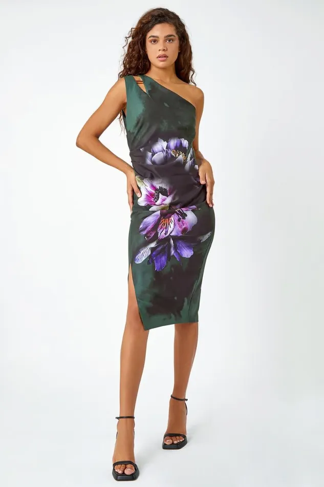 Dark Green Floral Print One Shoulder Stretch Dress Women Roman Dresses