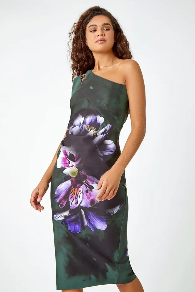 Dark Green Floral Print One Shoulder Stretch Dress Women Roman Dresses
