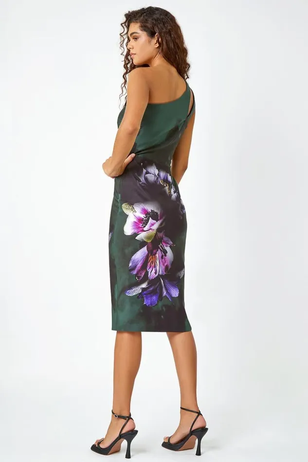 Dark Green Floral Print One Shoulder Stretch Dress Women Roman Dresses