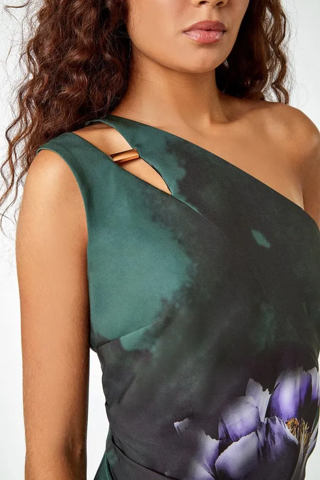 Dark Green Floral Print One Shoulder Stretch Dress Women Roman Dresses