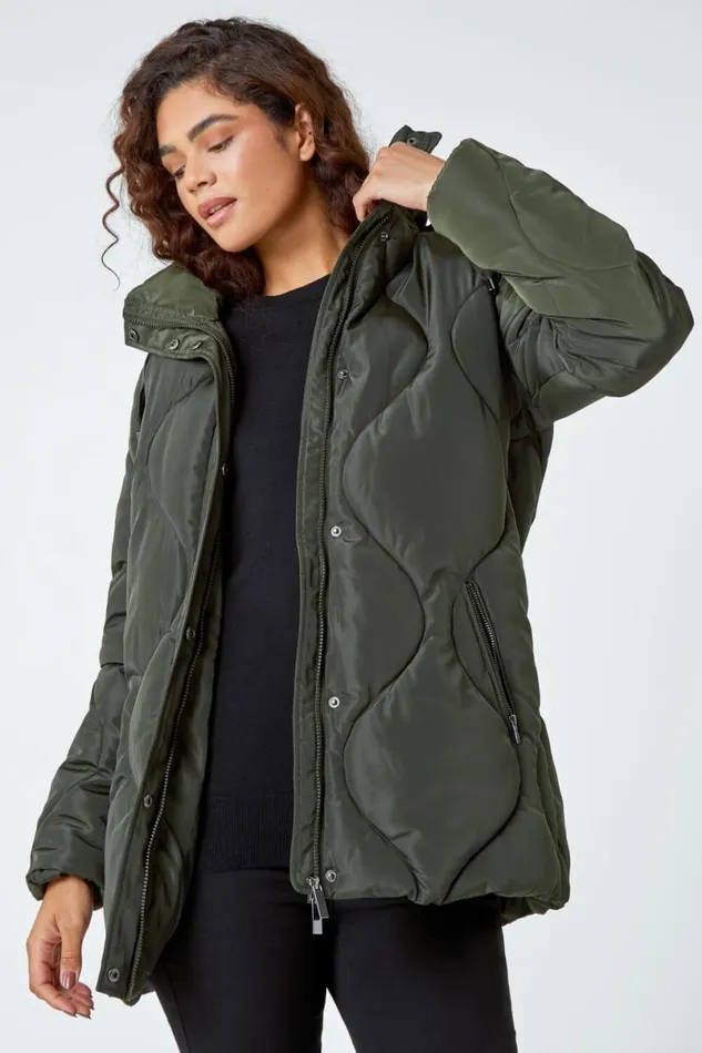 Dark Green Quilted Faux Fur Hooded Coat Women Roman Coats