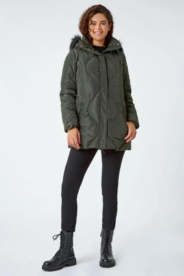 Dark Green Quilted Faux Fur Hooded Coat Women Roman Coats