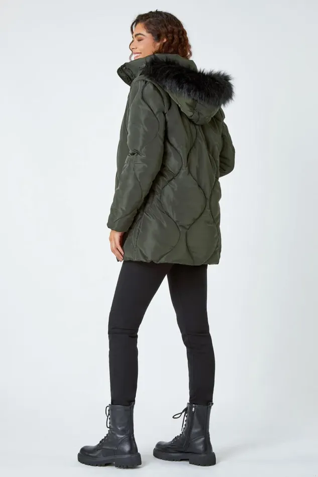 Dark Green Quilted Faux Fur Hooded Coat Women Roman Coats