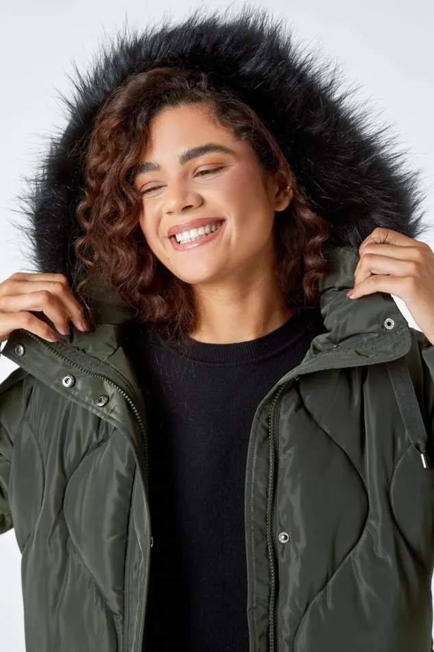 Dark Green Quilted Faux Fur Hooded Coat Women Roman Coats