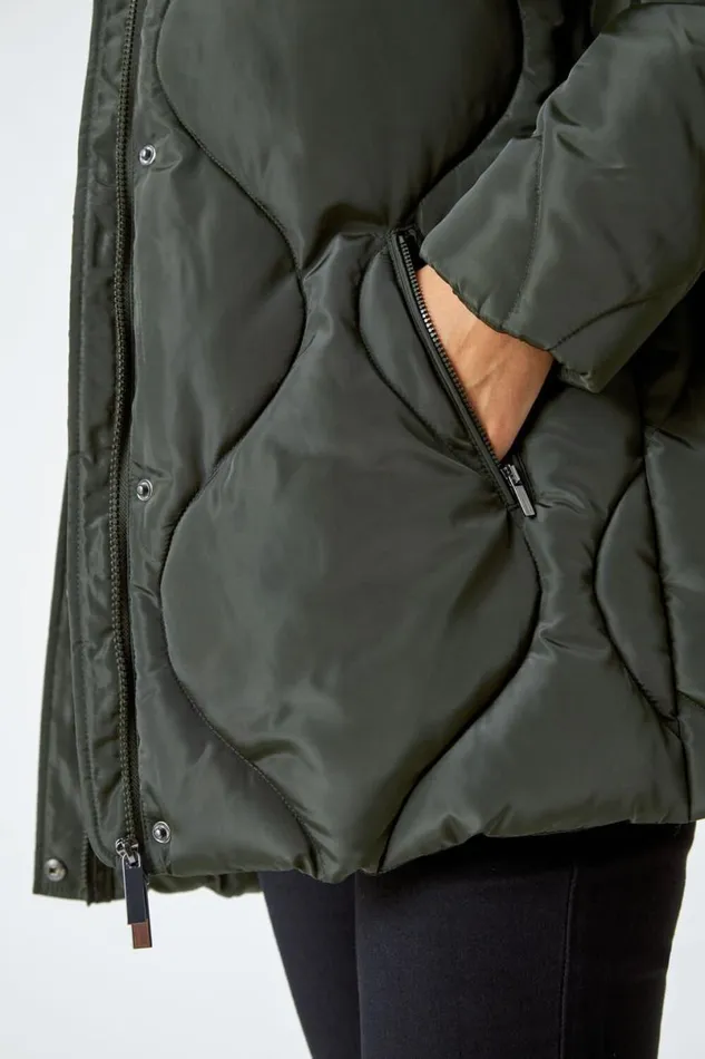 Dark Green Quilted Faux Fur Hooded Coat Women Roman Coats