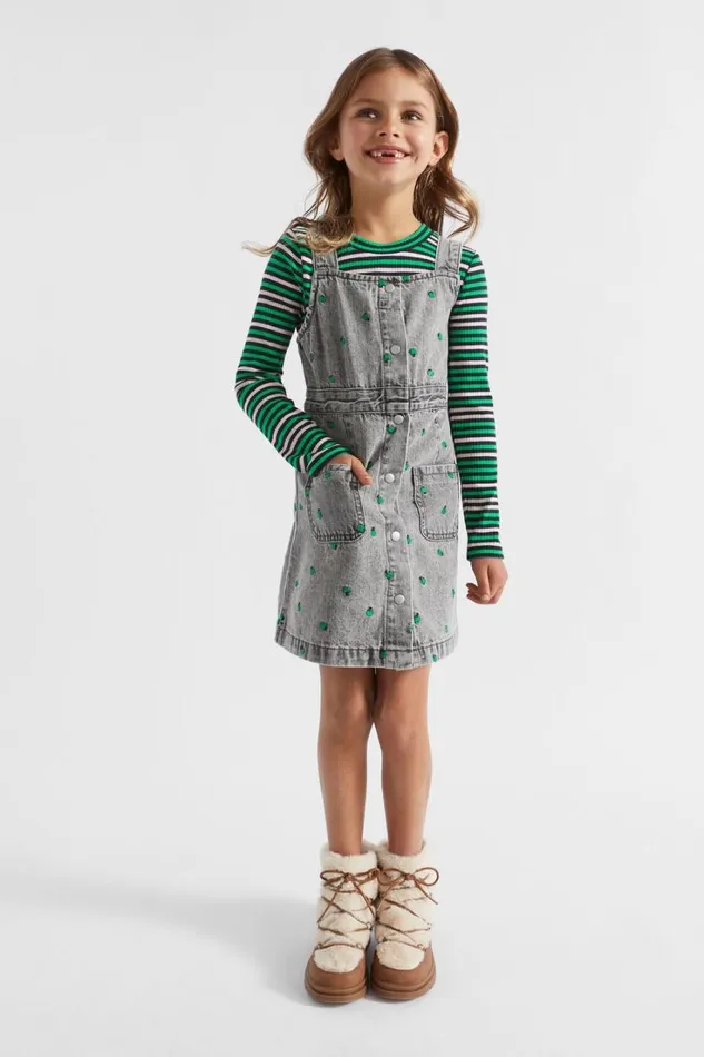 Denim and Jeans Girl Seed Heritage Apple Embroidered Pinafore Slate Wash