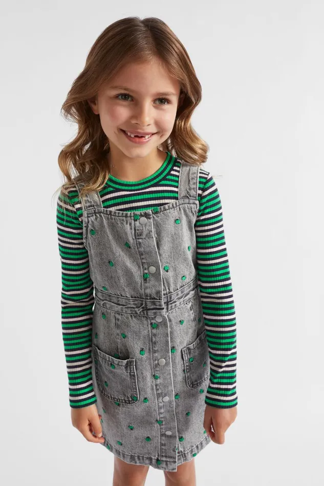 Denim and Jeans Girl Seed Heritage Apple Embroidered Pinafore Slate Wash