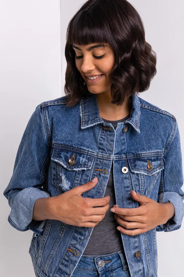 Denim Distressed Denim Jacket Women Roman Jackets