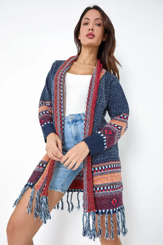 Denim Fringed Hem Longline Cardigan Women Roman Knitwear