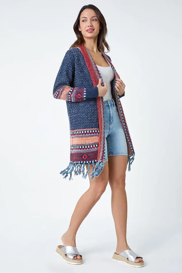 Denim Fringed Hem Longline Cardigan Women Roman Knitwear