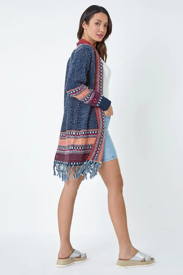 Denim Fringed Hem Longline Cardigan Women Roman Knitwear