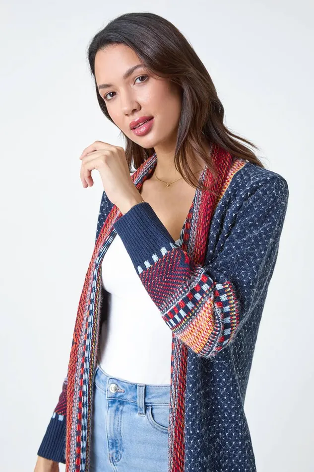 Denim Fringed Hem Longline Cardigan Women Roman Knitwear