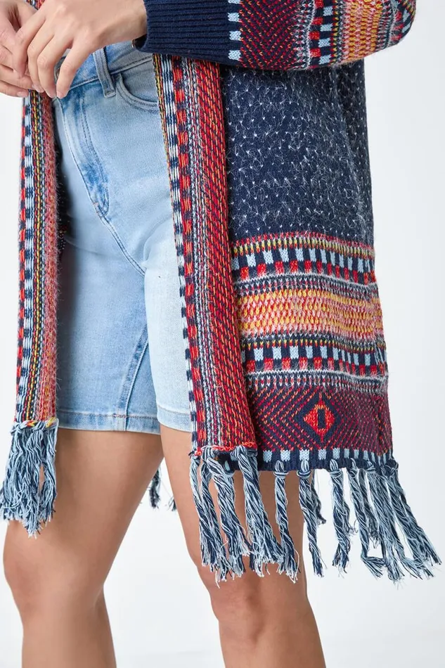 Denim Fringed Hem Longline Cardigan Women Roman Knitwear