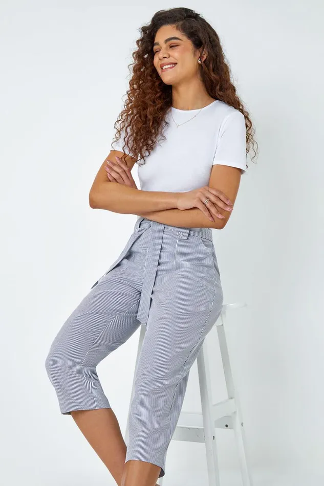 Denim Stripe Elastic Tie Waist Cropped Trousers Women Roman Trousers