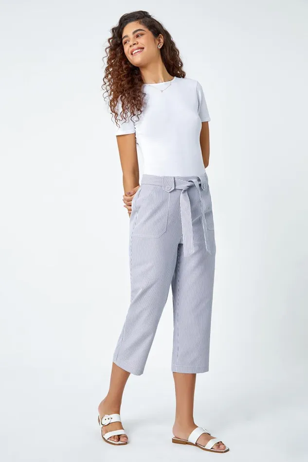 Denim Stripe Elastic Tie Waist Cropped Trousers Women Roman Trousers