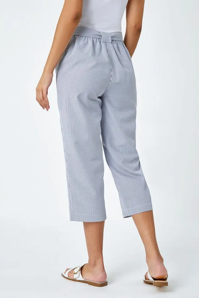 Denim Stripe Elastic Tie Waist Cropped Trousers Women Roman Trousers