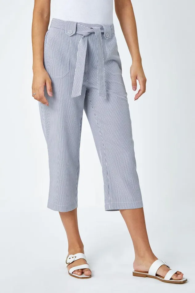 Denim Stripe Elastic Tie Waist Cropped Trousers Women Roman Trousers