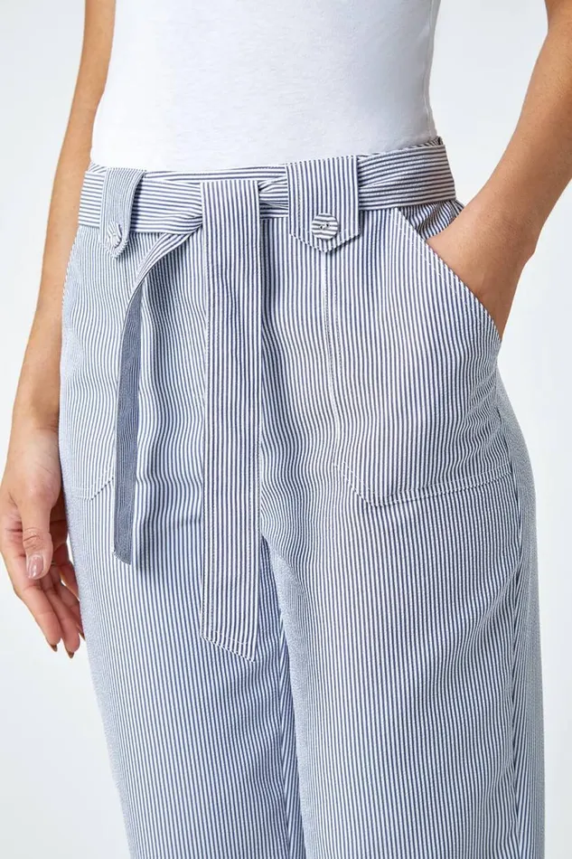 Denim Stripe Elastic Tie Waist Cropped Trousers Women Roman Trousers