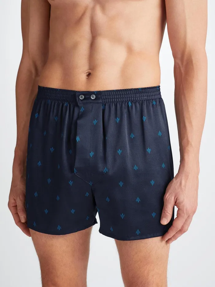 Derek Rose Classic Fit Boxers Brindisi 106 Silk Satin Navy Men Classic Fit Boxer Shorts