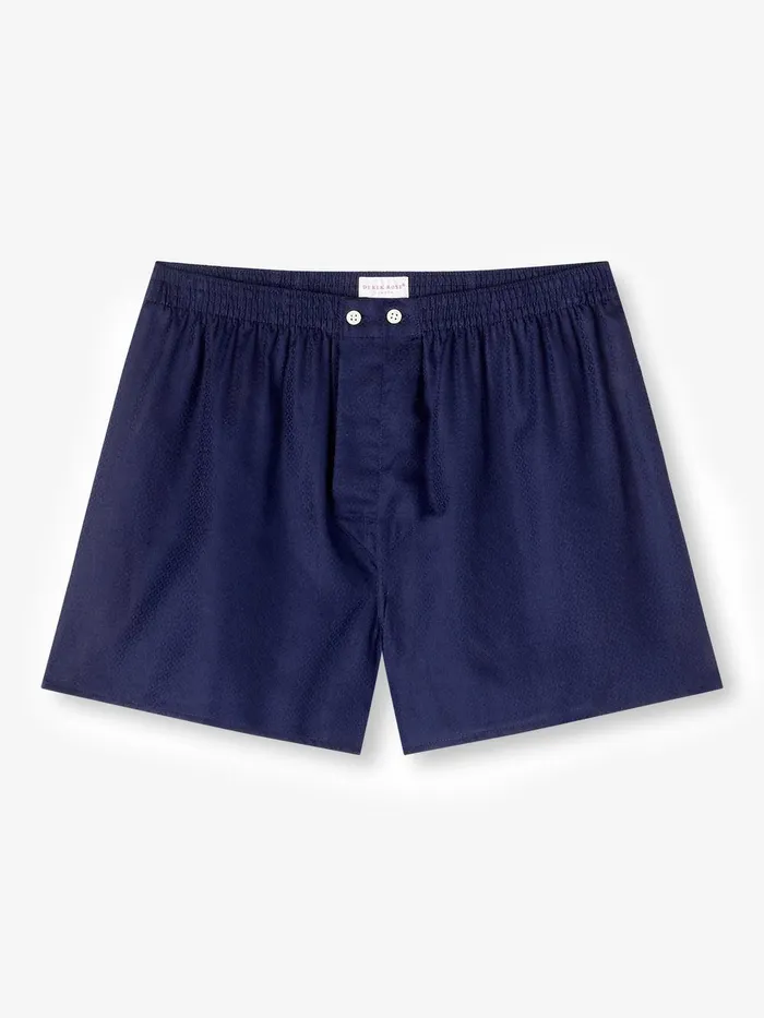 Derek Rose Classic Fit Boxers Lombard 6 Cotton Jacquard Navy Men Classic Fit Boxer Shorts