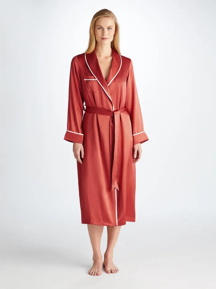 Derek Rose Long Robe Bailey Silk Satin Rose Red Women Silk Robes
