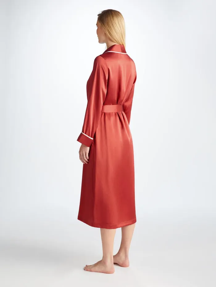 Derek Rose Long Robe Bailey Silk Satin Rose Red Women Silk Robes
