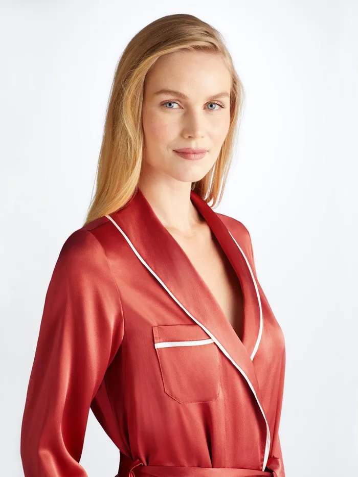 Derek Rose Long Robe Bailey Silk Satin Rose Red Women Silk Robes