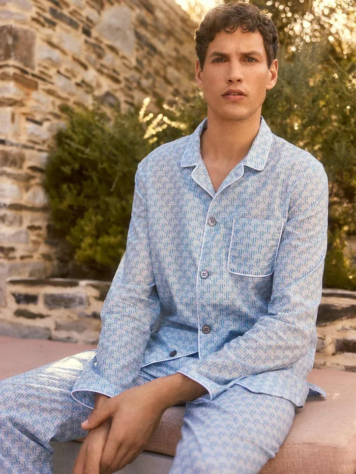Derek Rose Modern Fit Pajamas Ledbury 72 Cotton Batiste Blue Men Cotton Pajamas