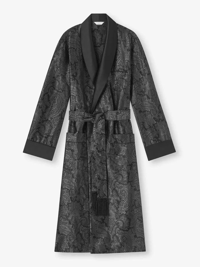 Derek Rose Robe Verona 67 Silk Satin Black Men Silk Robes