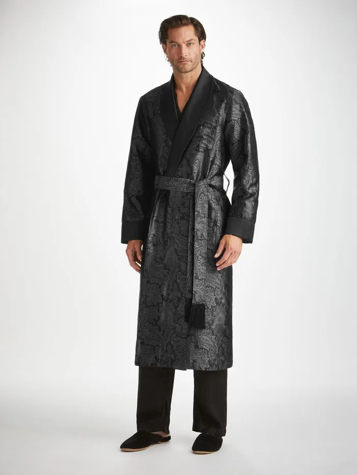 Derek Rose Robe Verona 67 Silk Satin Black Men Silk Robes