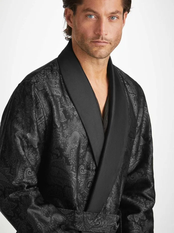Derek Rose Robe Verona 67 Silk Satin Black Men Silk Robes