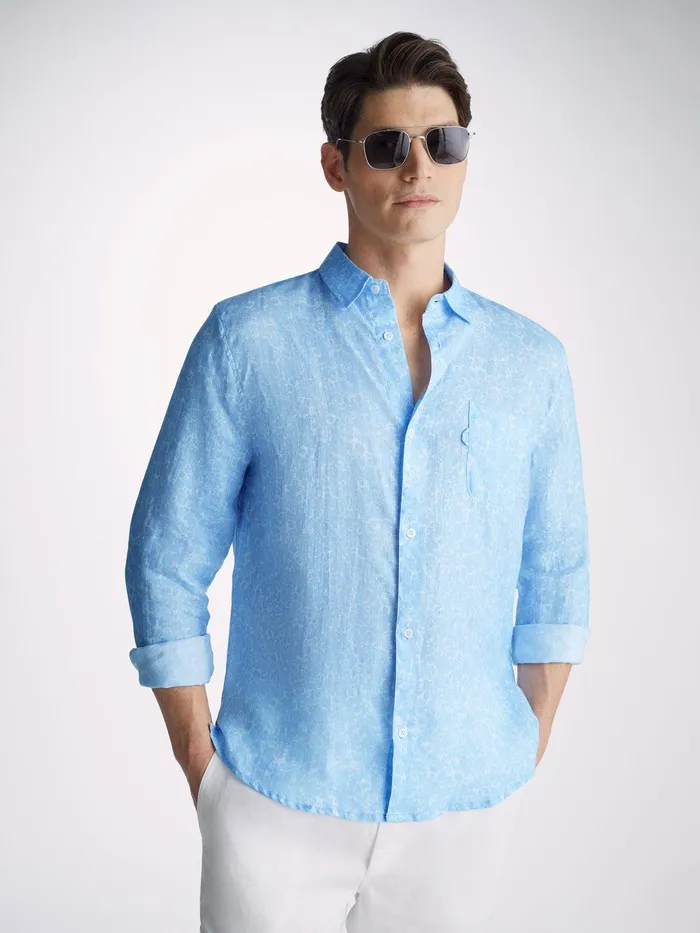 Derek Rose Shirt Milan 21 Linen Blue Men Linen Shirts