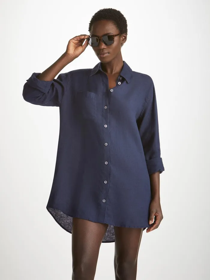 Derek Rose Shirt Sicily Linen Navy Women Casual Shirts