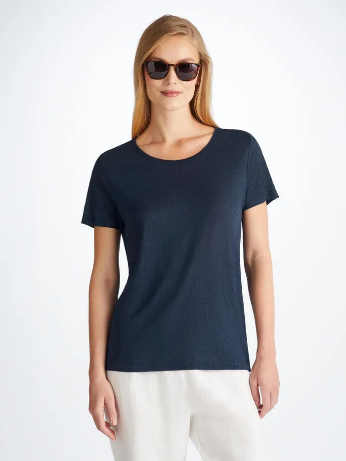 Derek Rose TShirt Jordan Linen Navy Women Short Sleeve TShirts