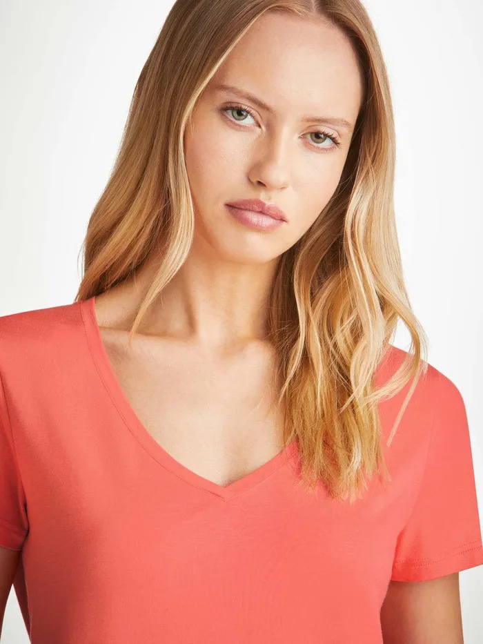 Derek Rose VNeck TShirt Lara Micro Modal Stretch Coral Women Short Sleeve TShirts
