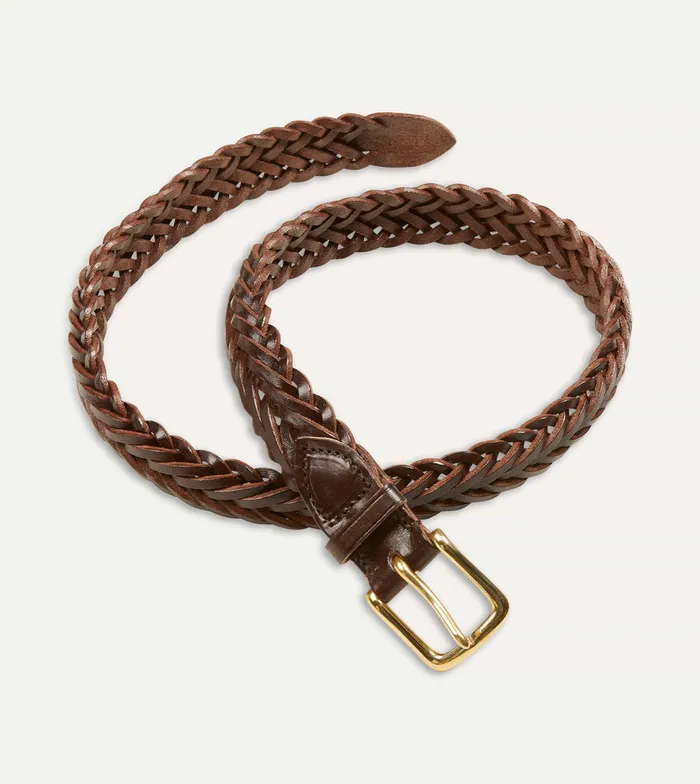 Drake039s Brown Plaited Bridle Leather Belt With Brass Buckle Men Belts