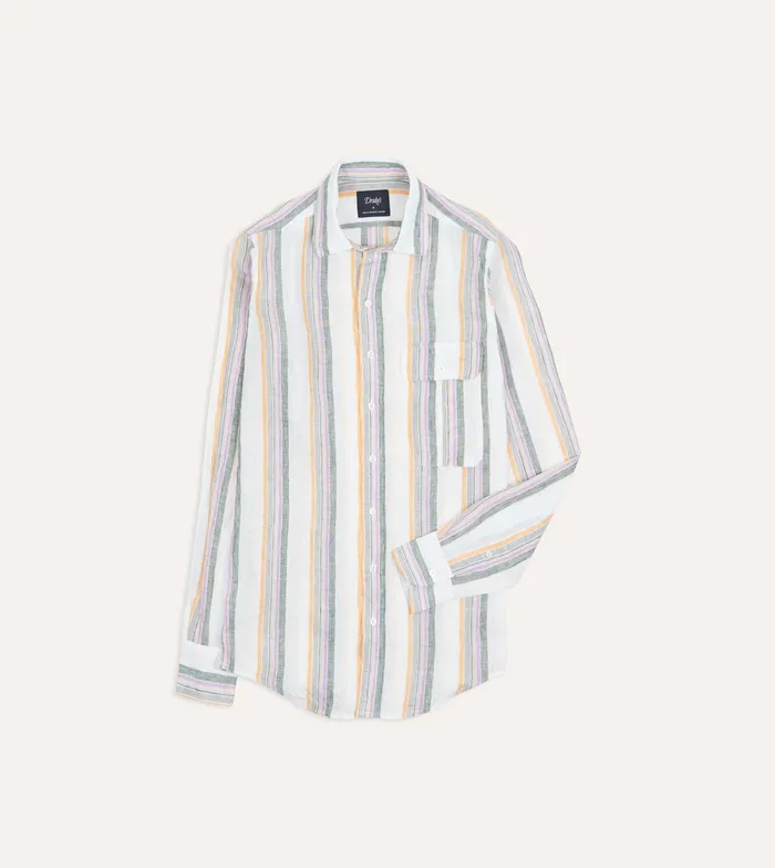 Drake039s Ecru Green And Purple Track Stripe Linen Spread Collar Shirt Men Linen Shirts