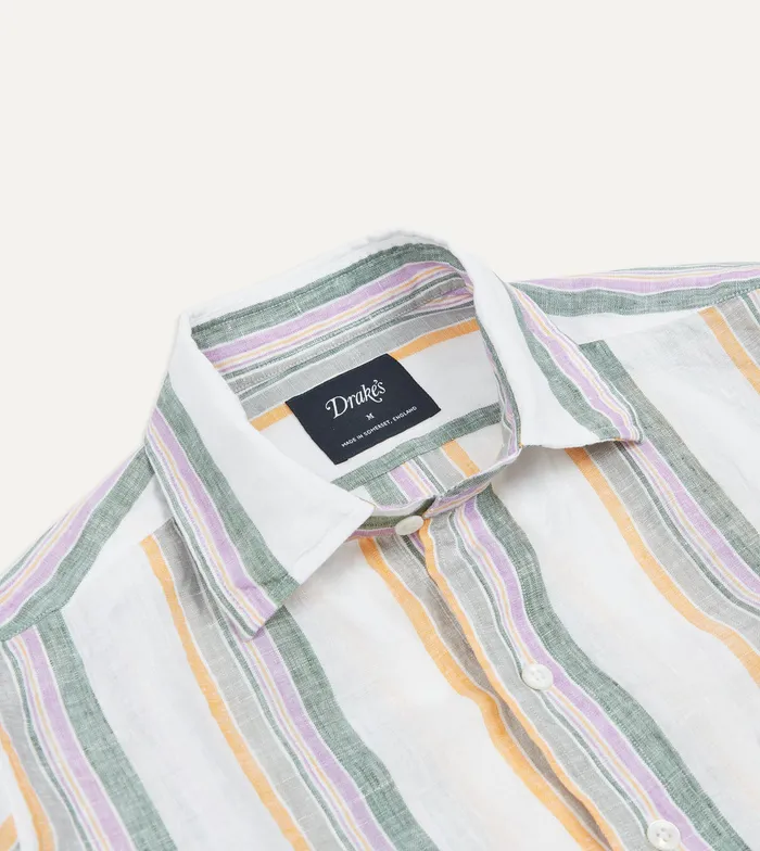 Drake039s Ecru Green And Purple Track Stripe Linen Spread Collar Shirt Men Linen Shirts